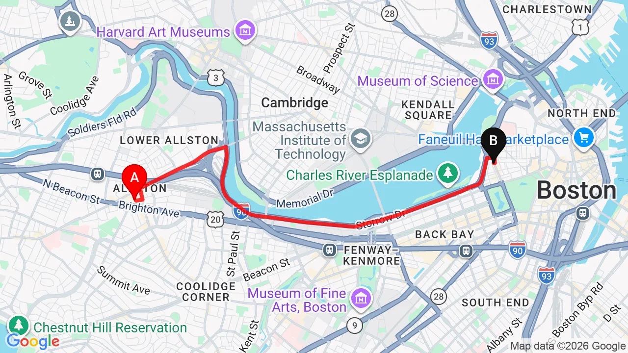 Driving directions from Allston to Charles Street Family Chiropractic