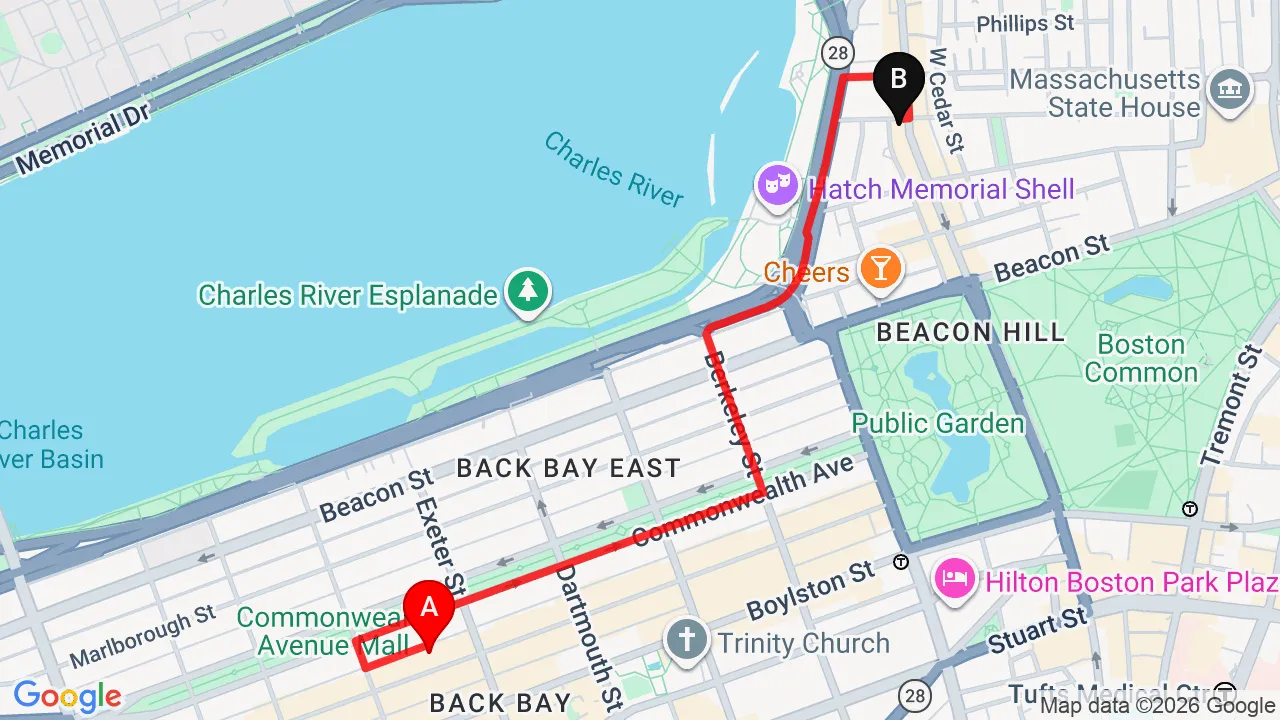 Driving directions from Back Bay to Charles Street Family Chiropractic