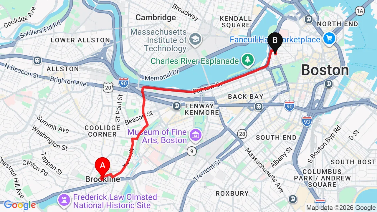Driving directions from Brookline to Charles Street Family Chiropractic