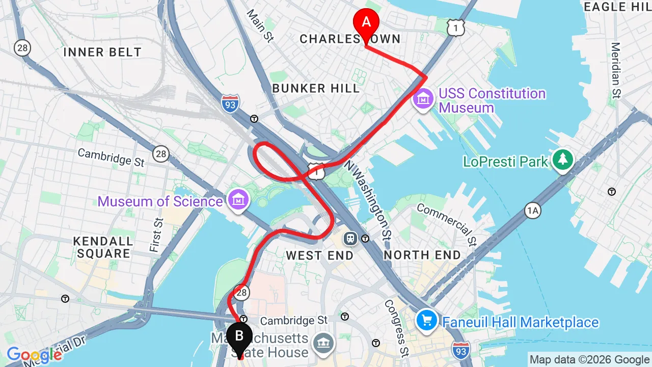Driving directions from Charlestown to Charles Street Family Chiropractic