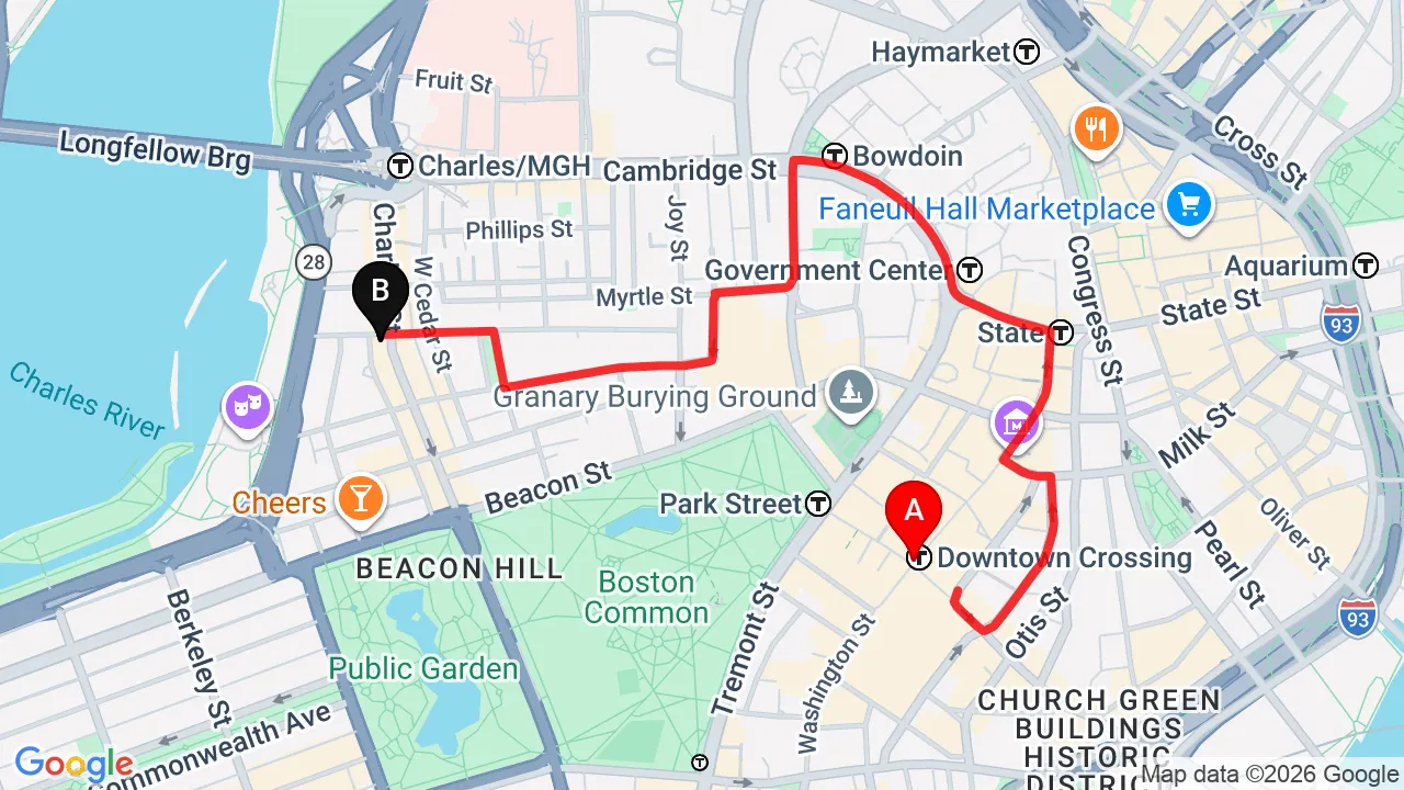 Driving directions from Downtown Boston to Charles Street Family Chiropractic