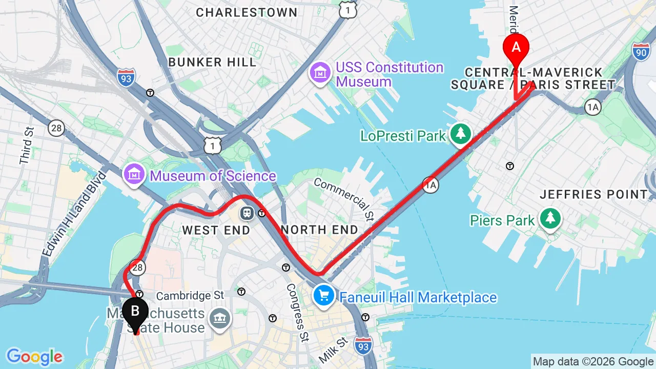 Driving directions from East Boston to Charles Street Family Chiropractic