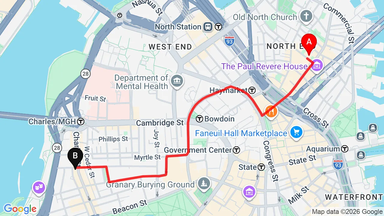Driving directions from North End to Charles Street Family Chiropractic