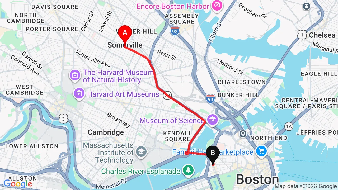 Driving directions from Somerville to Charles Street Family Chiropractic