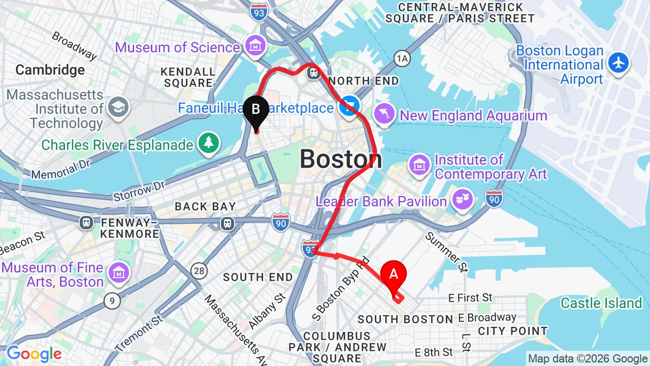 Driving directions from South Boston to Charles Street Family Chiropractic