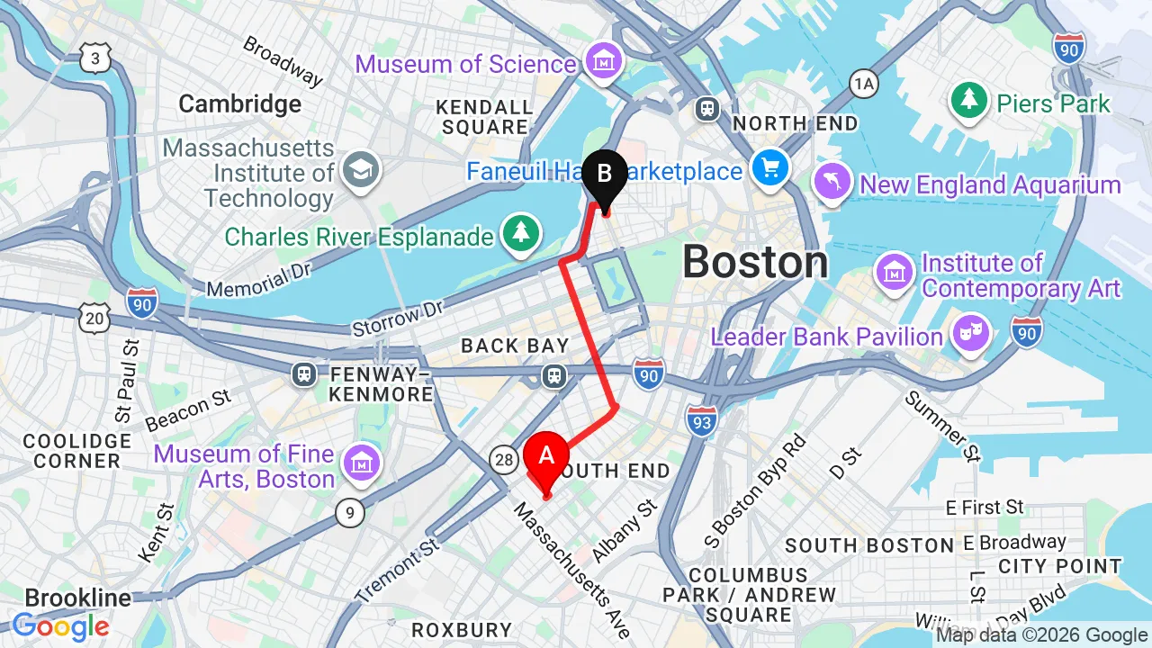Driving directions from South End to Charles Street Family Chiropractic